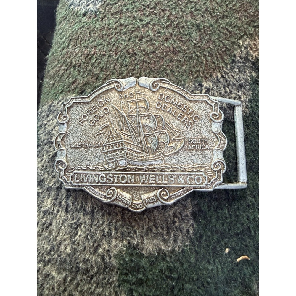 Vintage Livingston Wells & Co Nautical Sailing Ship BeltBuckle Silver Tone Metal